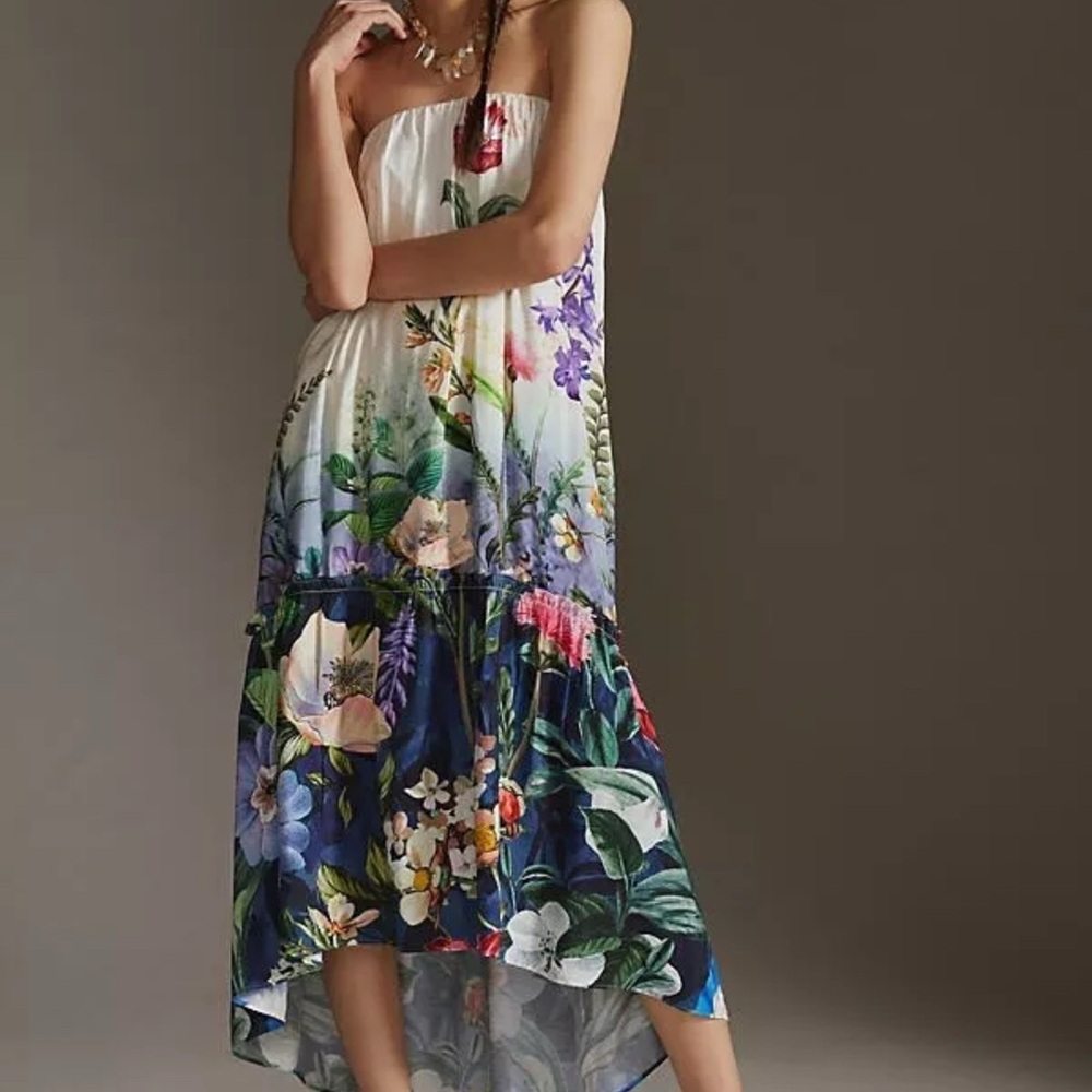 Anthropologie Floral Pink and Blue Strapless Sundress with Straps Medium